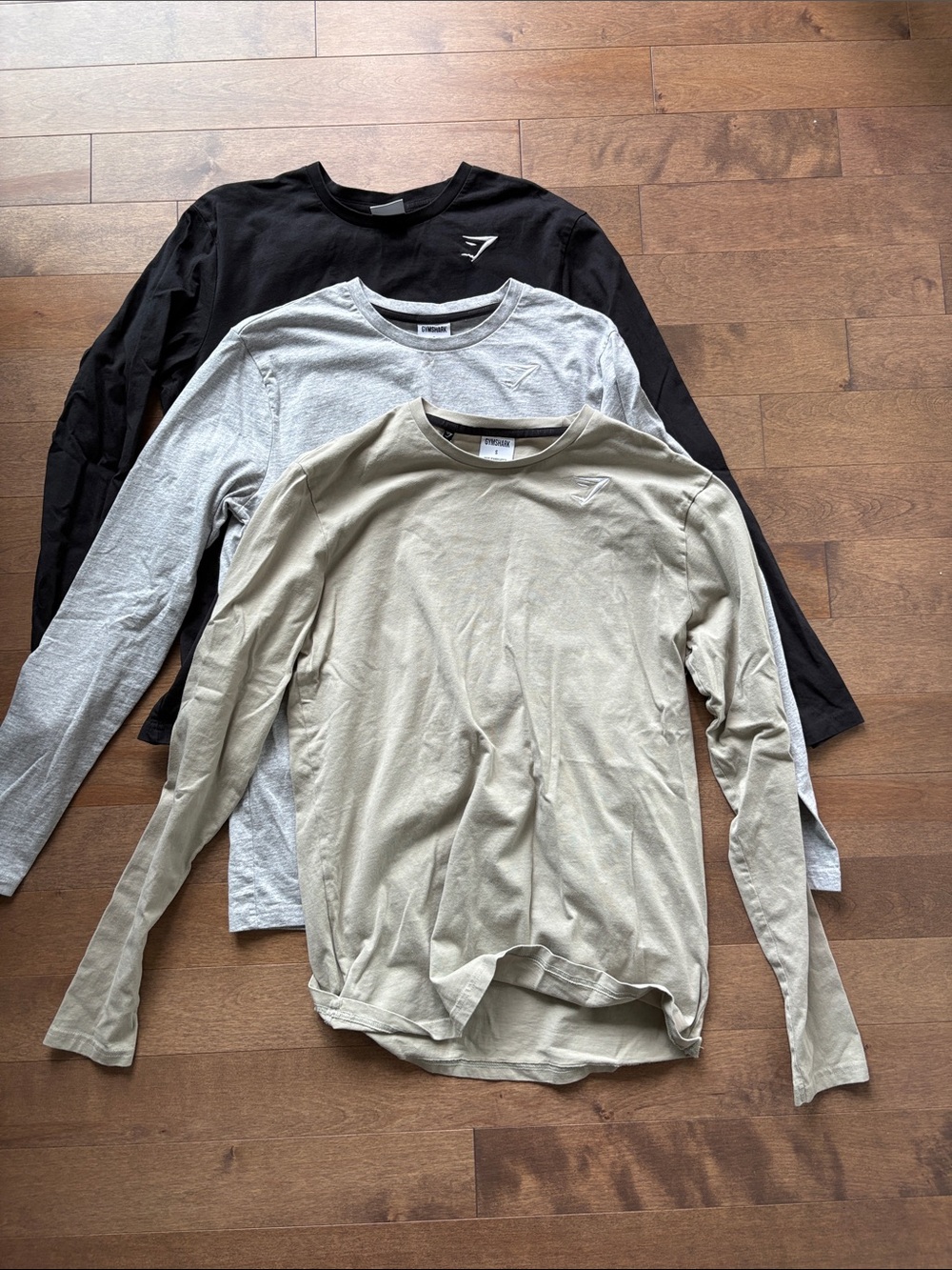 (3) Gymshark Men’s Long Sleeve Crew - Black, Gray, Olive Green